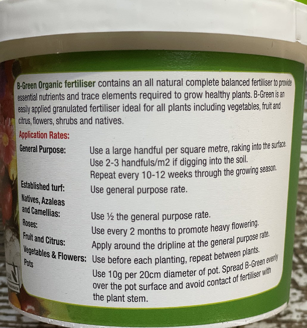 B-Green 100% Organic Slow Release Fertiliser back label