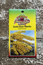 Australian Wildflower Gold Dust Wattle seed packet label on white background