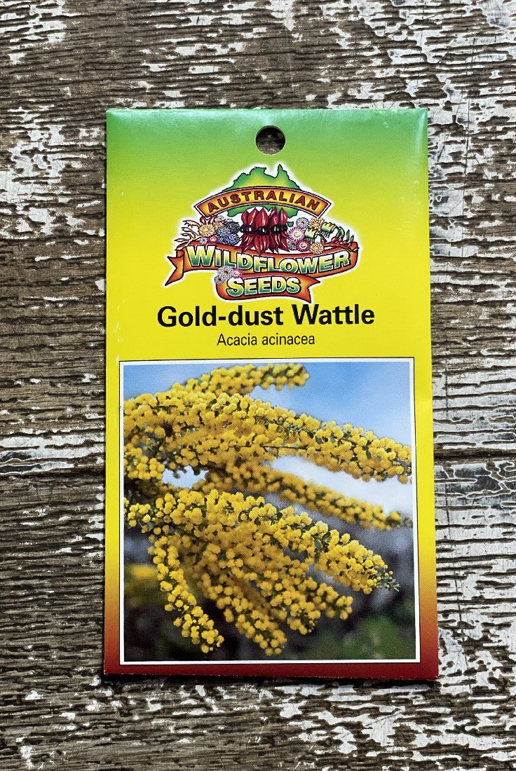 Australian Wildflower Gold Dust Wattle seed packet label on white background