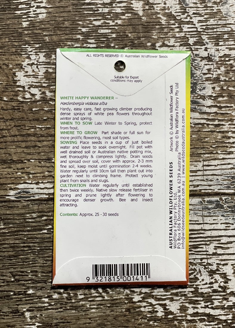 White Happy Wanderer seed packet back showing planting information