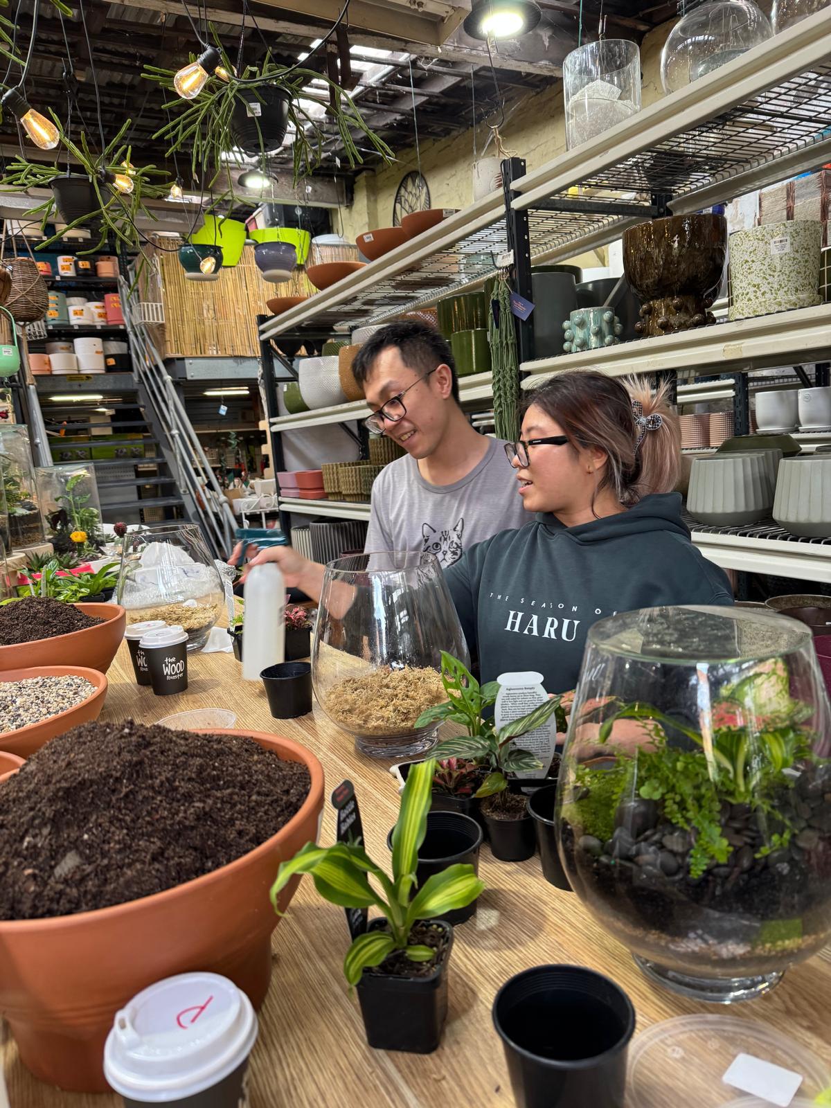 Terrarium workshop build in progress at Newtown Garden Market Saturday session