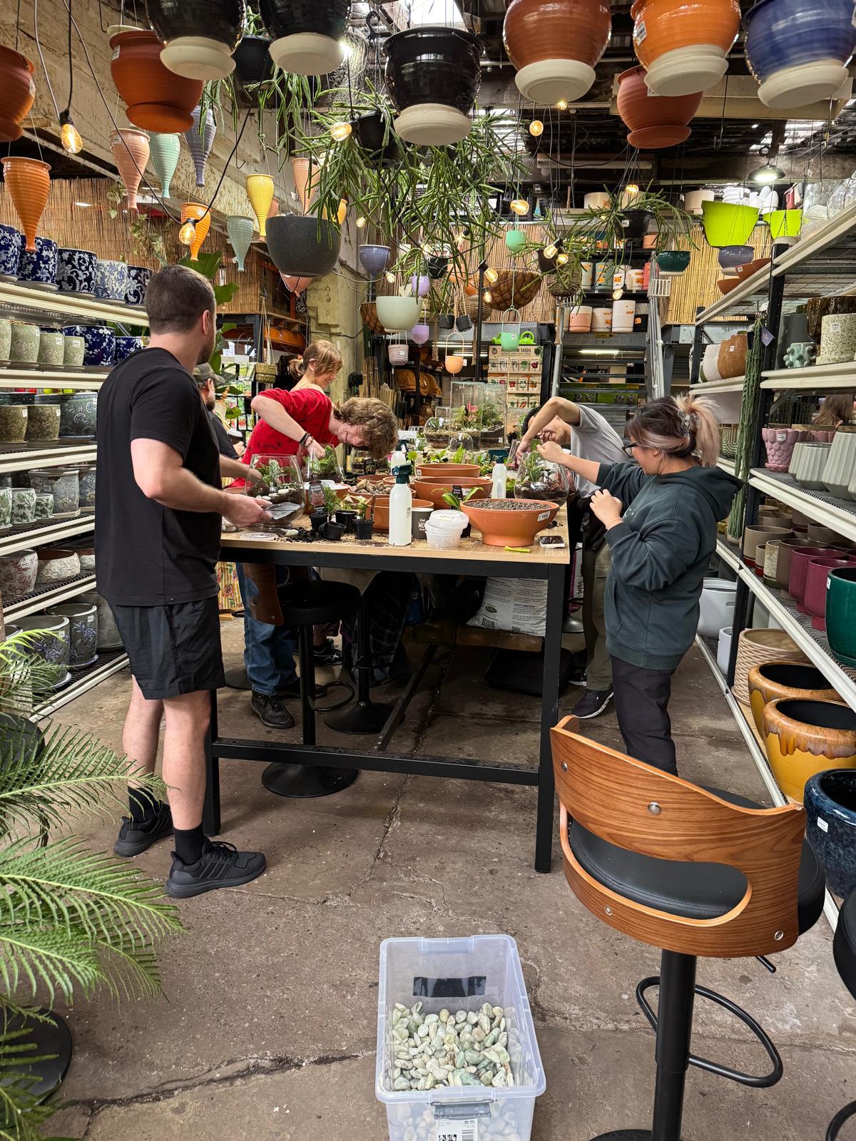 Morning terrarium workshop in progress at Newtown Garden Market plant hall