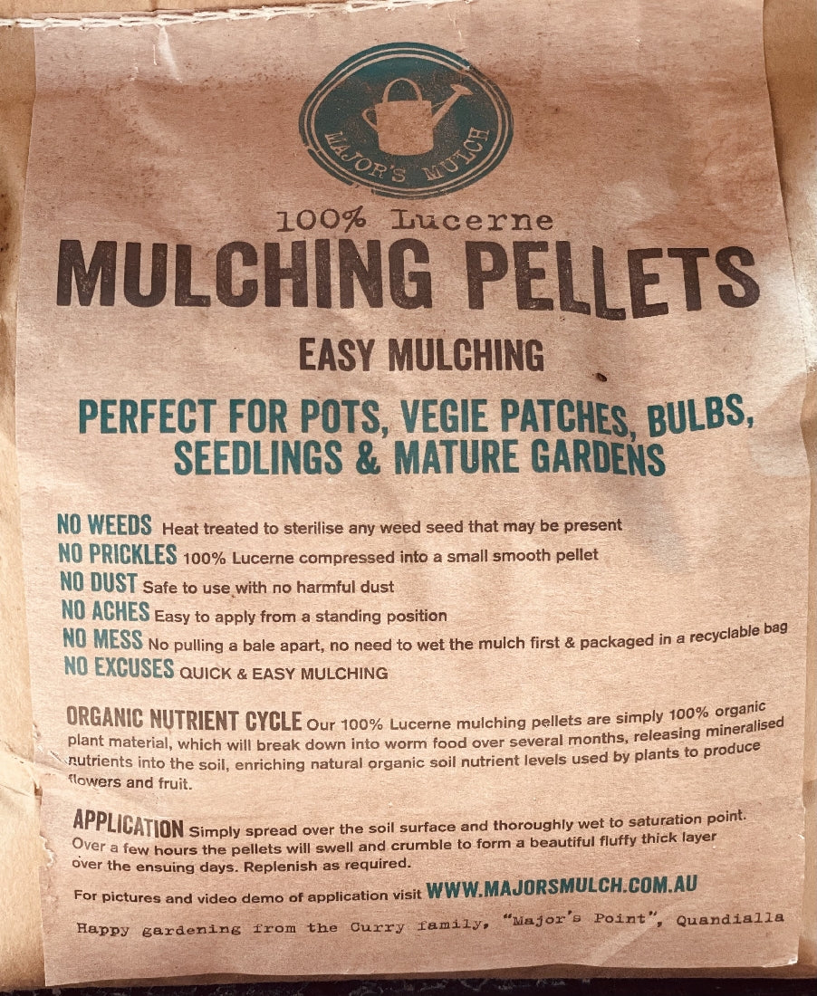 Majors Mulch Lucerne Pellets close-up showing texture and colour