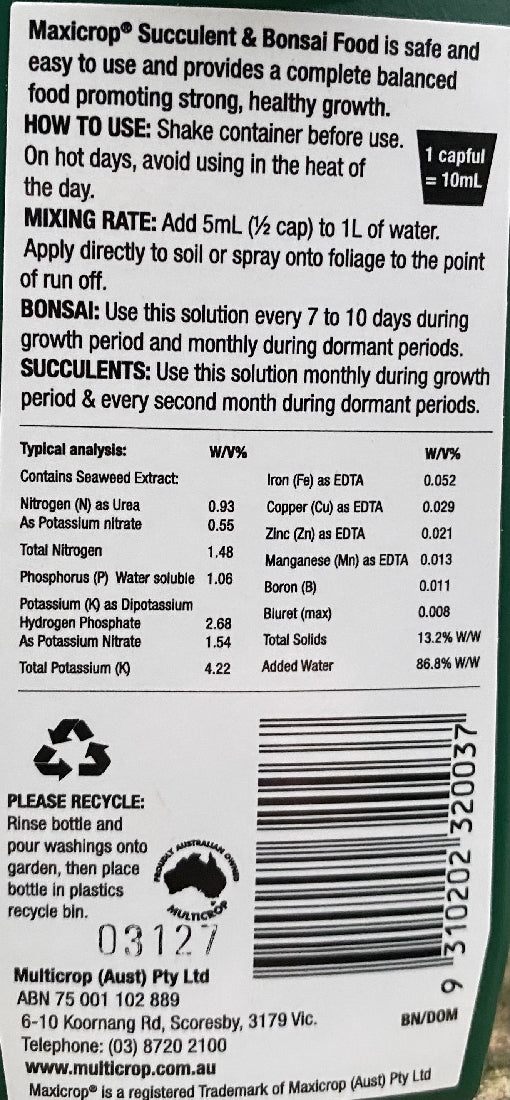 Maxicrop Succulent & Bonsai Food back label