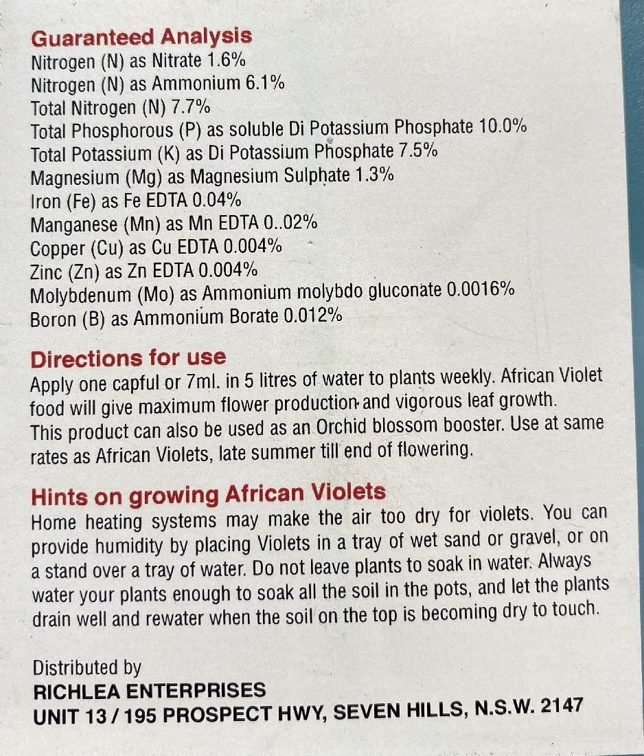 African Violet Food back label
