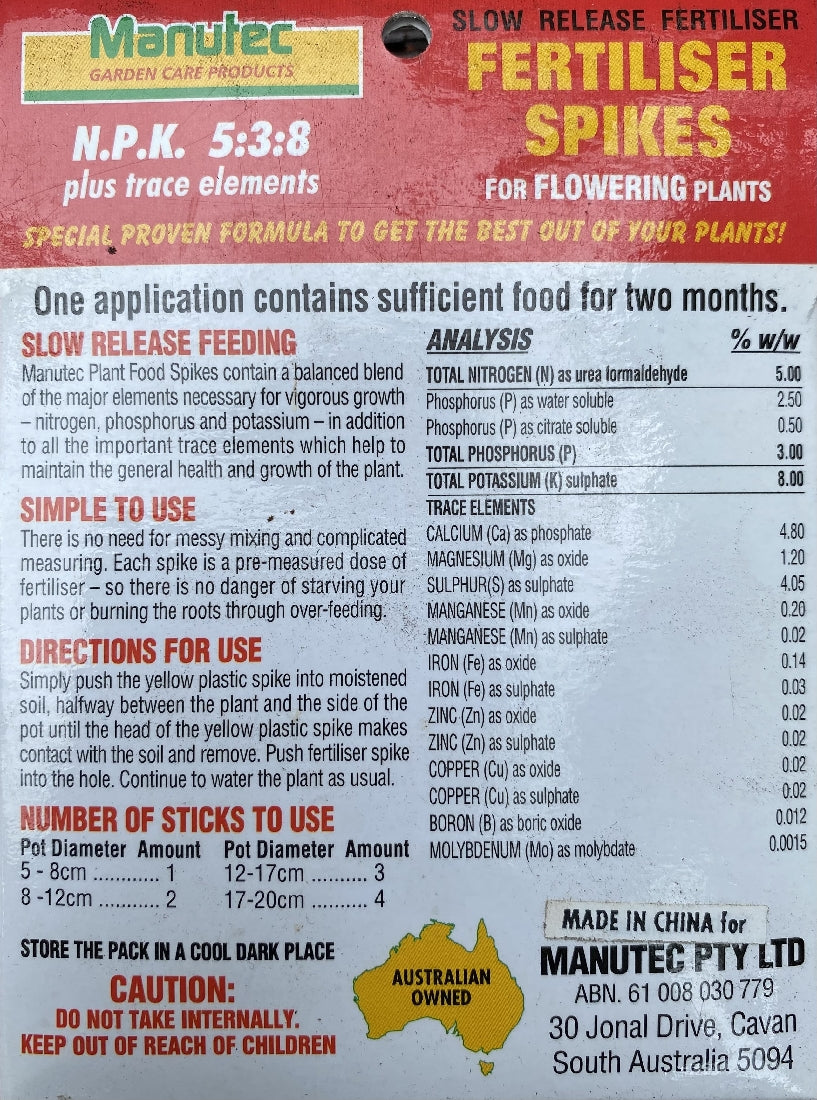 Manutec Plant Food Spike Flowering back label