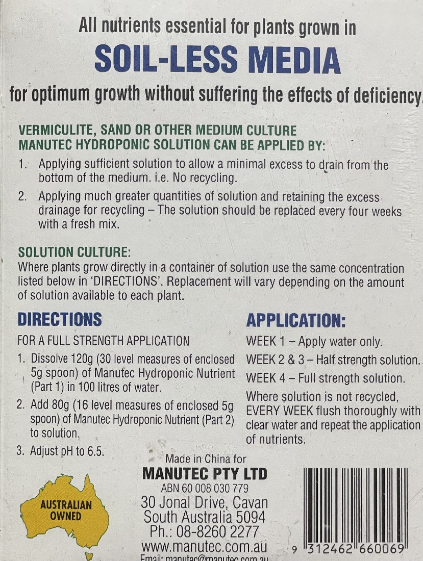 Manutec Hydroponic Nutrient back label