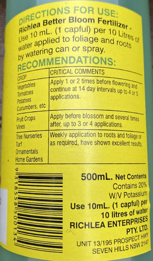 Better Bloom Fertiliser back label