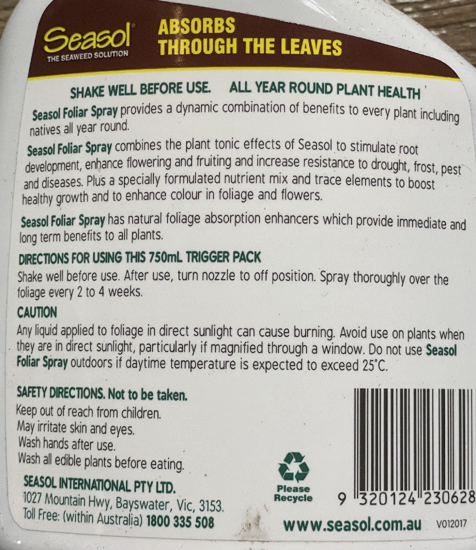 Seasol Foliar Spray back label