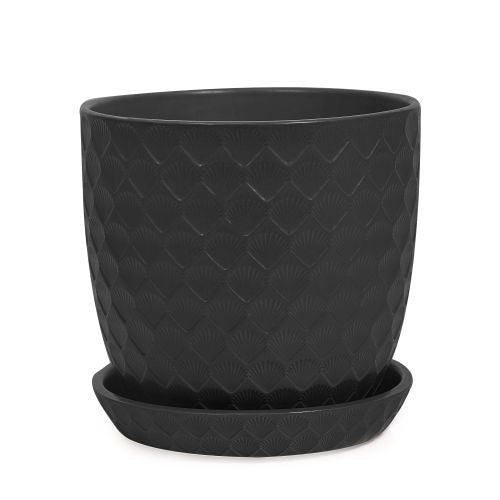 Shell Pot with Saucer -- Black front view