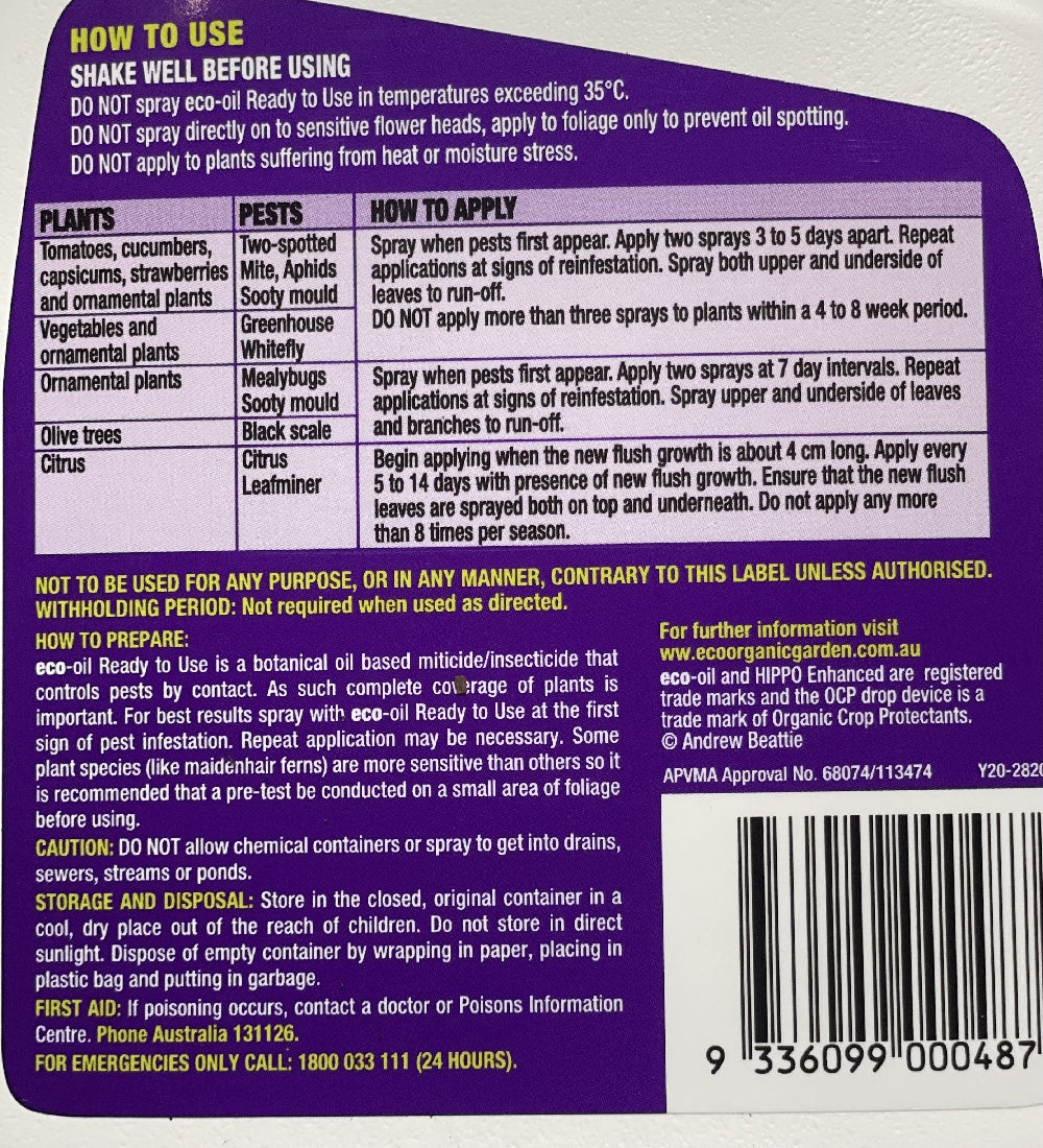 Eco-organic Oil Concentrate back label showing active ingredients