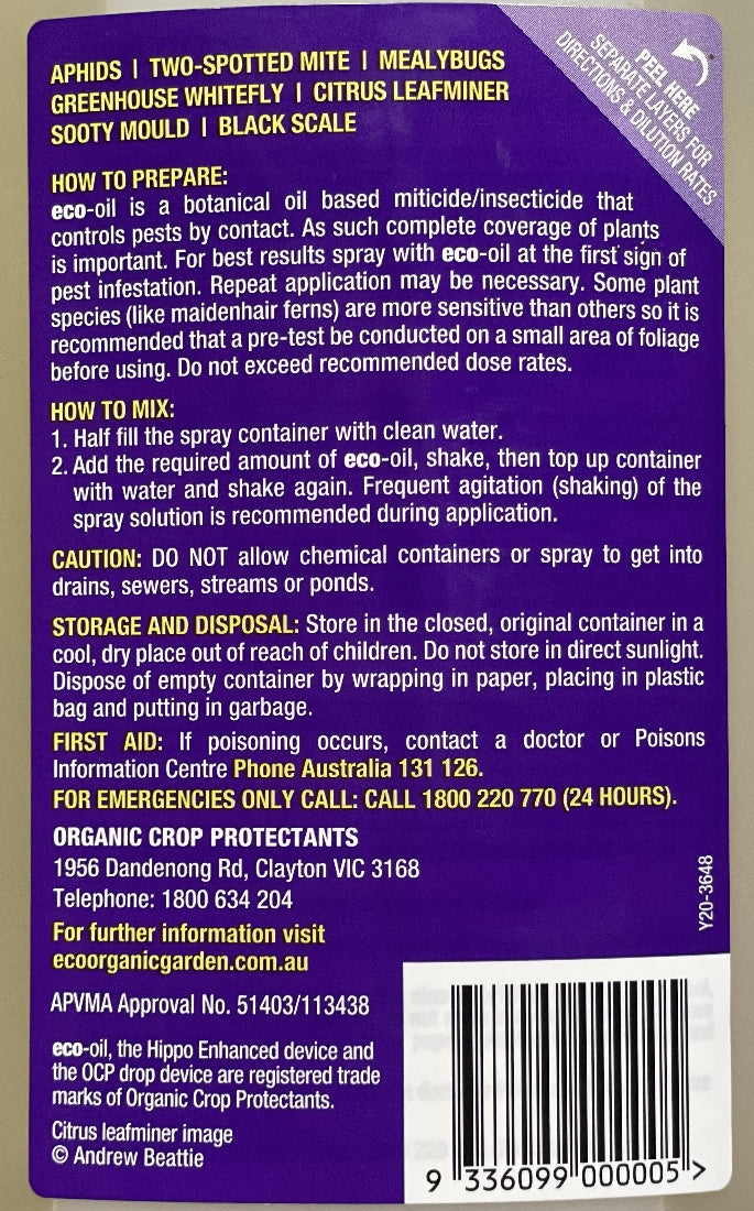 Eco-organic Oil Concentrate back label showing active ingredients