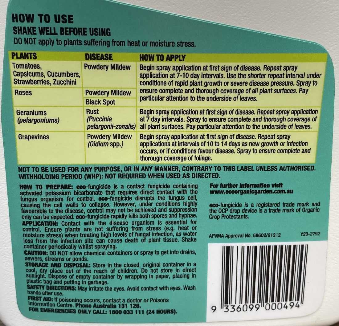 Eco-organic Fungicide RTU back label showing active ingredients