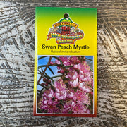 Australian Wildflower Swan Peach Myrtle seed packet on white background
