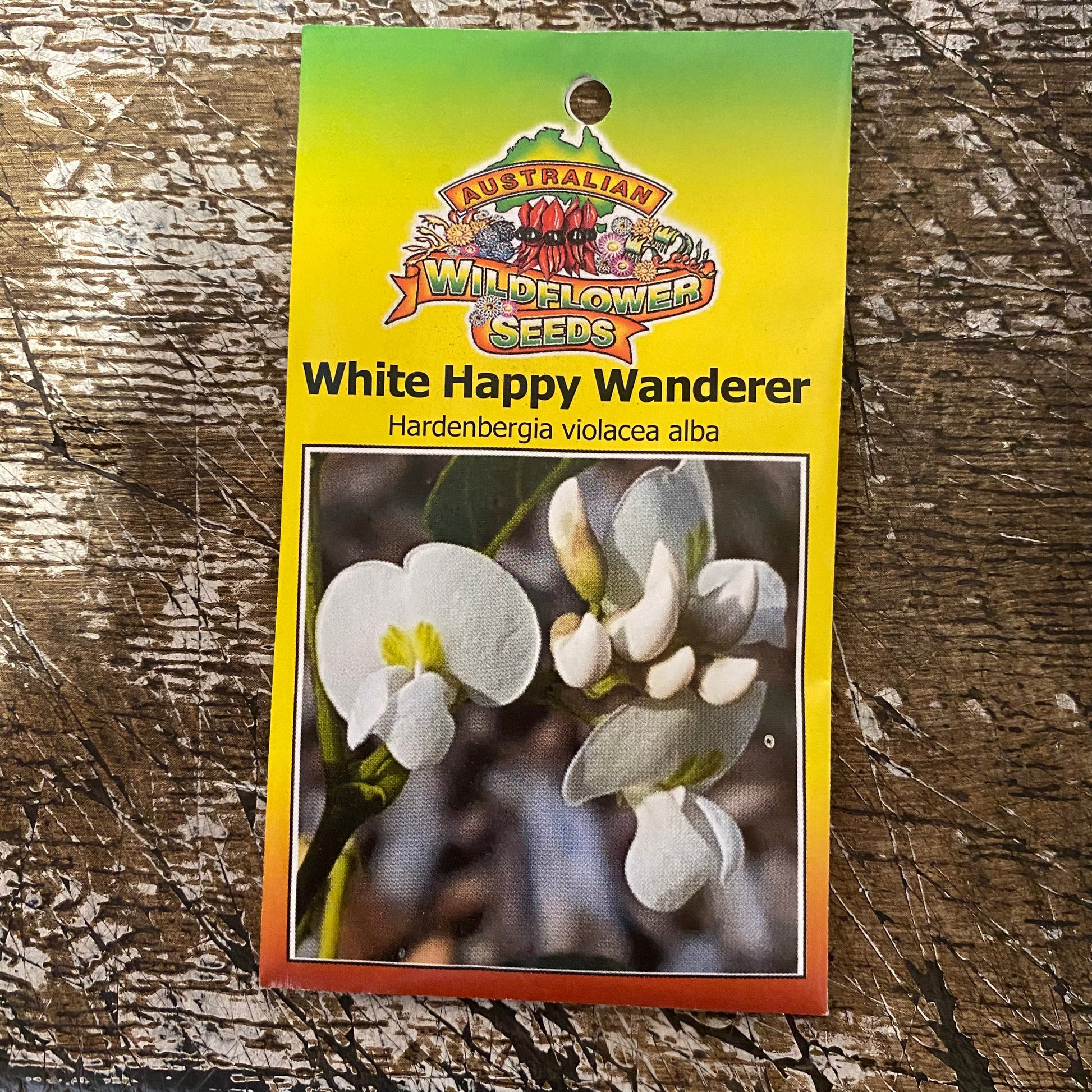 White Happy Wanderer seed packet on white background full product view